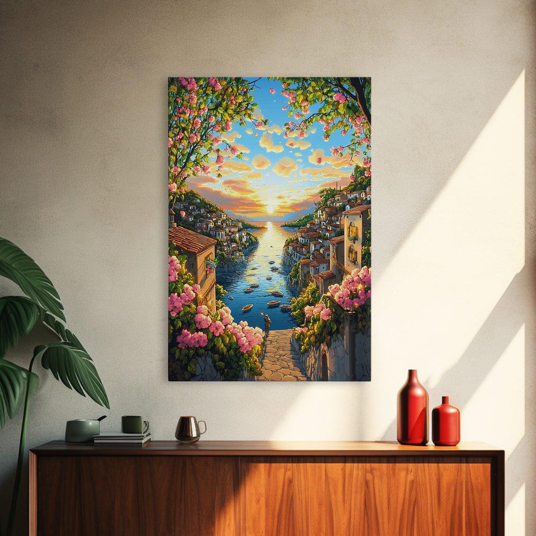 Golden Coastal Canal Village Framed Canvas Print, Mediterranean Wall Art, Italy Travel Poster, Summer Decor, Housewarming Gift