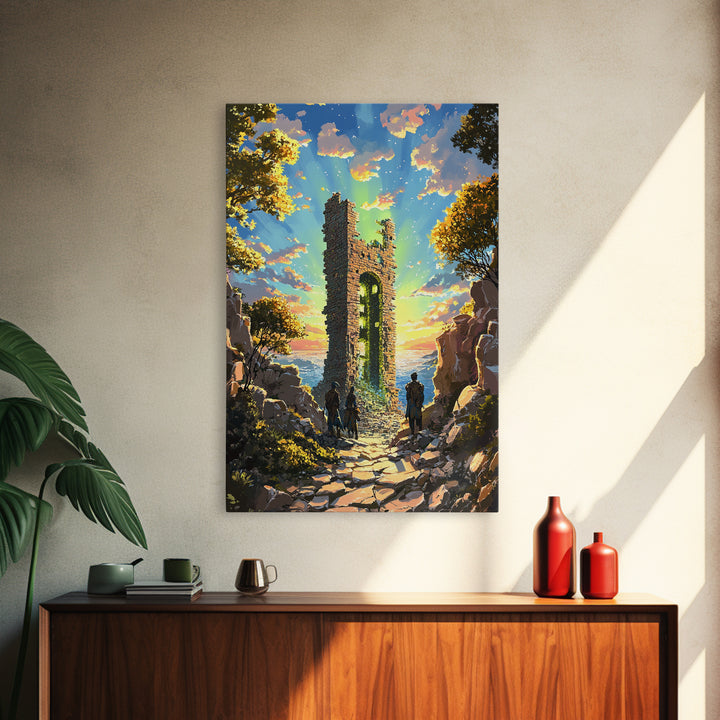 Sunset Ruined Stone Tower Canvas Print, Fantasy Landscape Wall Art, Coastal Castle Poster, Adventure Decor, Living Room Art