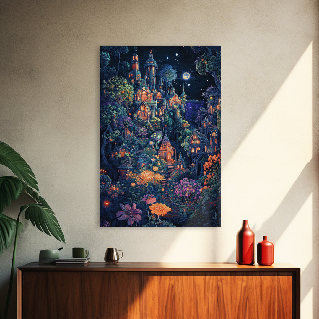 Moonlit Magical Garden Village Wall Art, Whimsical Fantasy Castle Canvas Print, Dark Botanical Decor, Maximalist Room Art