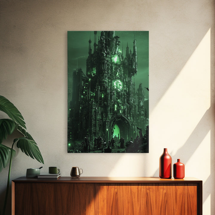 Emerald Gothic Citadel Framed Canvas Print, Dark Fantasy Wall Art, Green Castle Decor, Moody Office Art, Gothic Home Decor