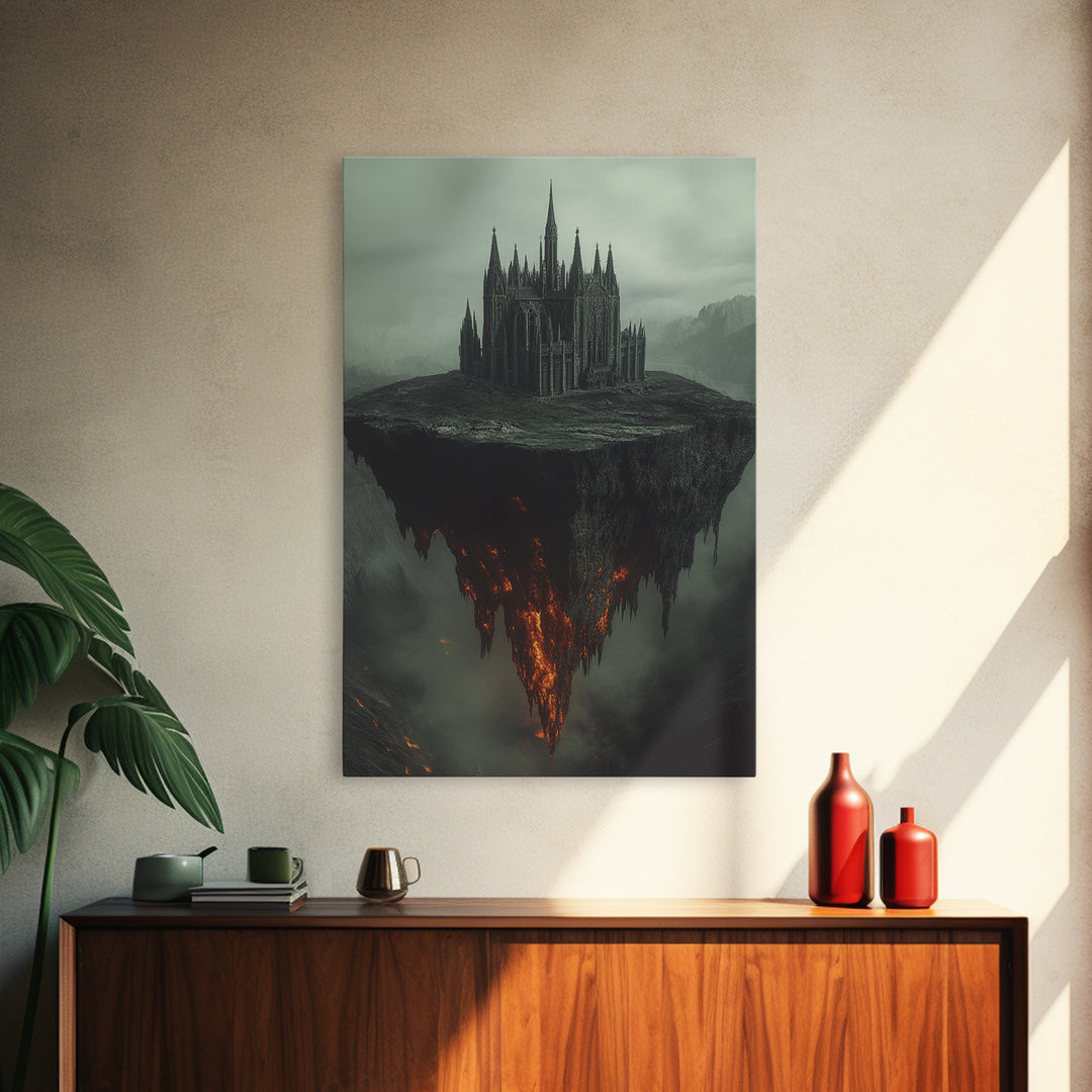 Floating Gothic Cathedral Wall Art, Dark Fantasy Canvas Print, Surreal Castle Decor, Moody Statement Artwork, Office Decor