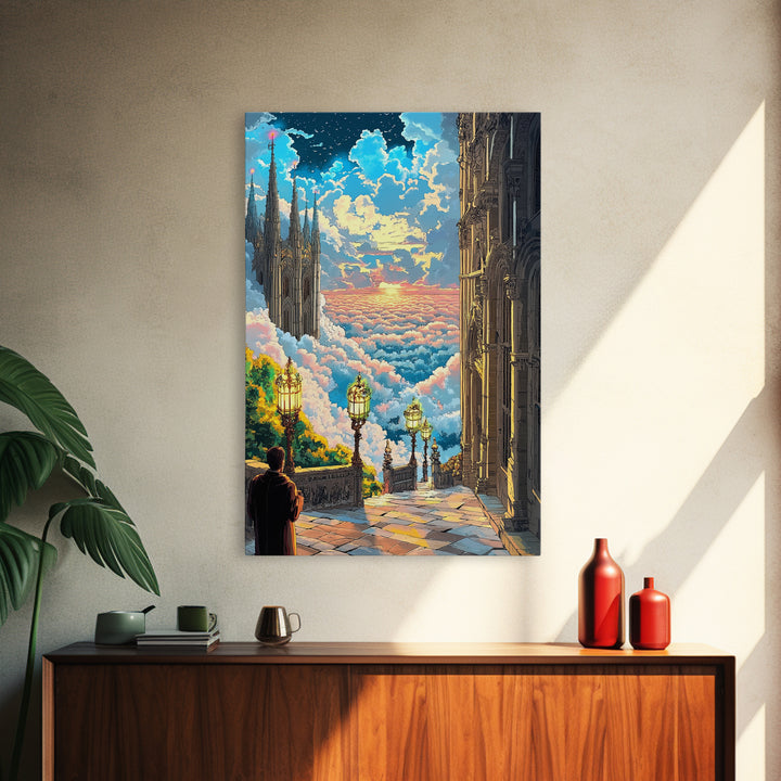 Celestial Cloud City Stairway Framed Canvas Print, Fantasy Wall Art, Sky Castle Decor, Dreamy Landscape, Bedroom Wall Decor