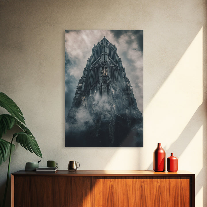 Foggy Gothic Cathedral Tower Wall Art, Dark Academia Fantasy Castle Print, Moody Architecture Decor, Gothic Wall Decor Print