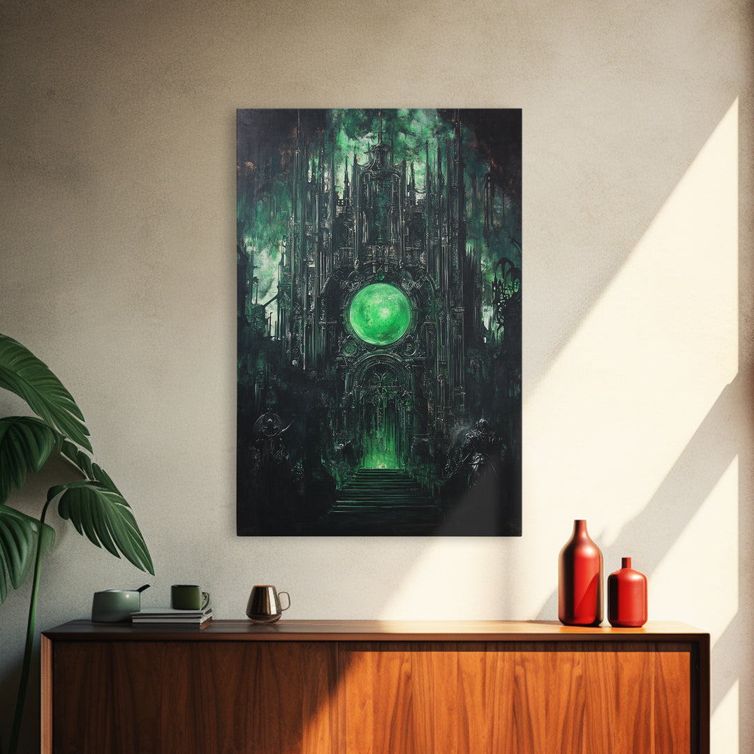 Emerald Orb Gothic Sanctuary Canvas Print, Dark Fantasy Wall Art, Occult Castle Decor, Moody Green Architecture Poster Print