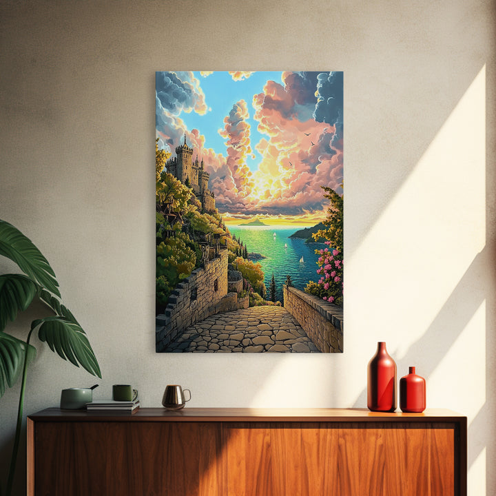 Sunset Castle Coast Path Wall Art, Mediterranean Seascape Canvas Print, Colorful Coastal Decor, Fantasy Landscape Art Print