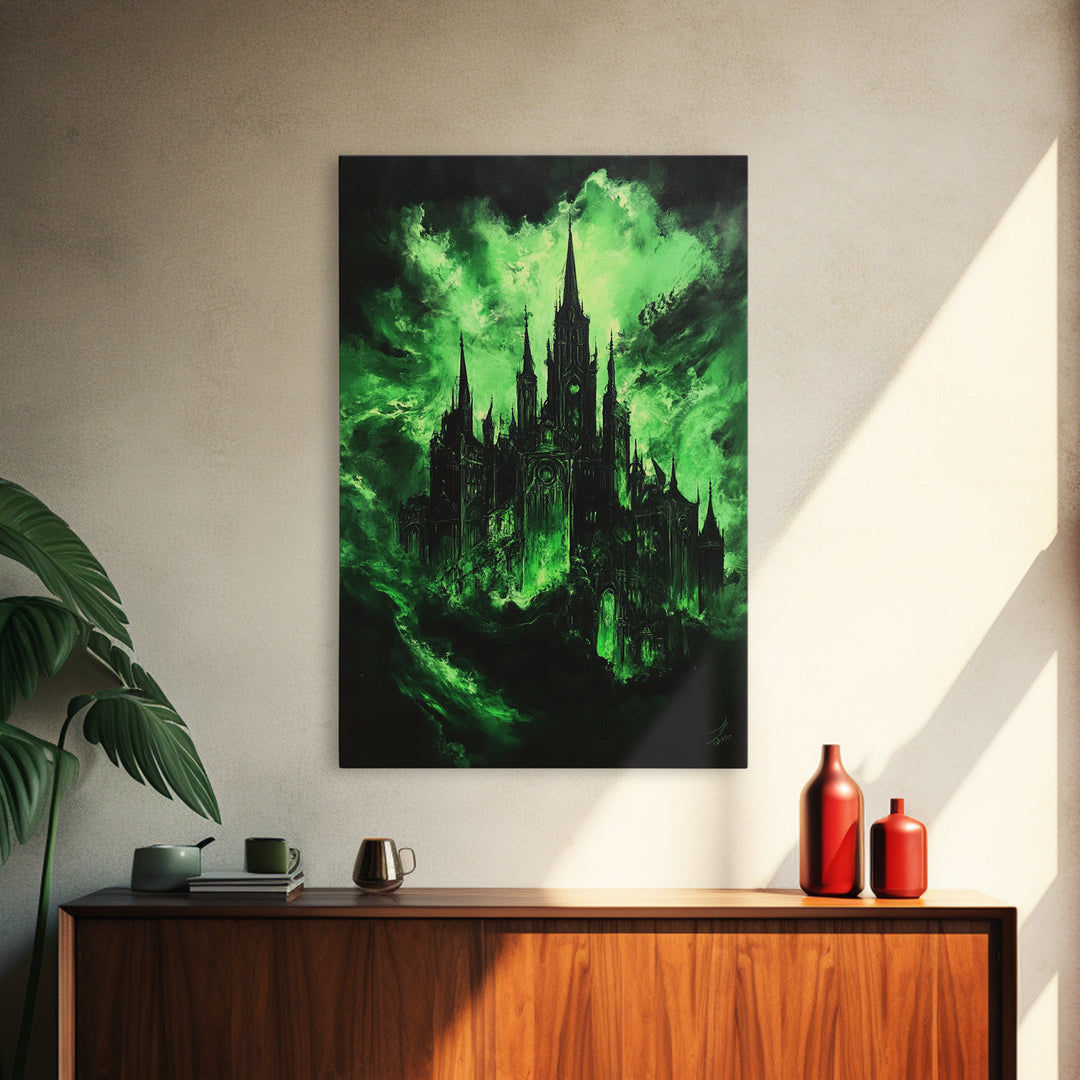 Green Haunted Gothic Cathedral Wall Art, Dark Fantasy Castle Canvas Print, Witchy Decor, Moody Black And Green Poster Print