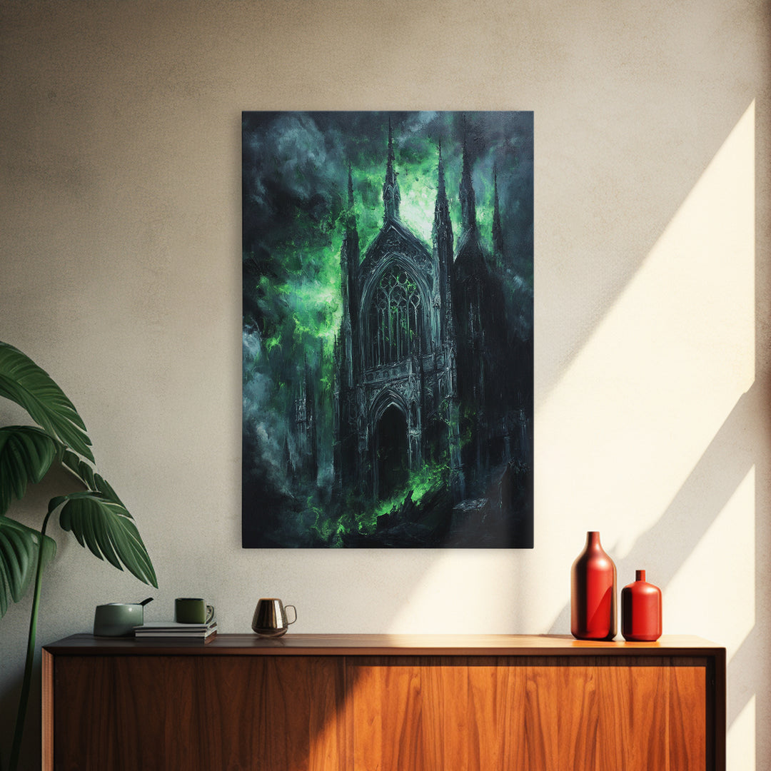 Misty Gothic Church In Green Fog Framed Canvas Print, Dark Academia Wall Art, Haunted Chapel Decor, Fantasy Architecture
