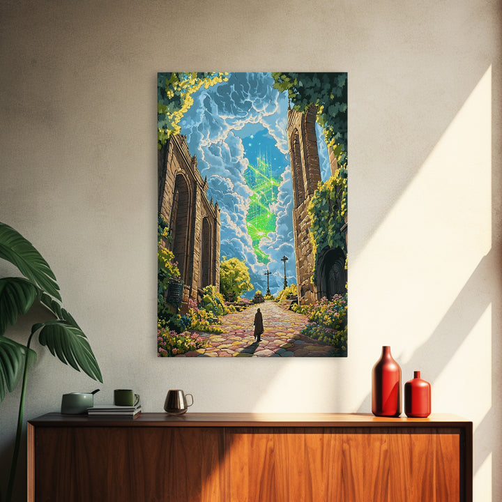 Glowing Crystal Towers Above Ruins Wall Art, Fantasy City Canvas Print, Whimsical Garden Decor, Magical Architecture Poster