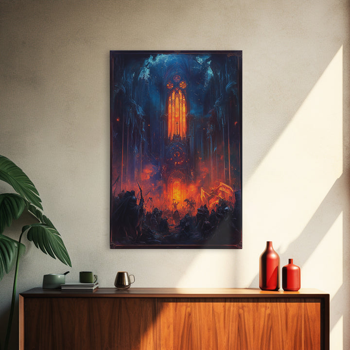 Fiery Gothic Cathedral Battle Canvas Print, Dark Fantasy Wall Art, Medieval Warrior Decor, Dramatic Red And Blue Poster Print