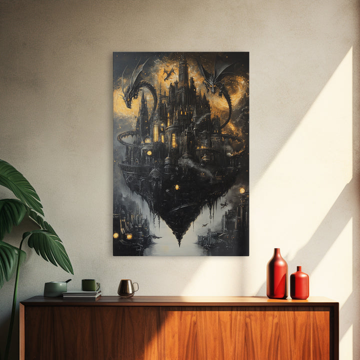 Floating Gothic Dragon Castle Wall Art, Dark Fantasy Canvas Decor, Moody Medieval Citadel Print, Gothic Home Decor Gift