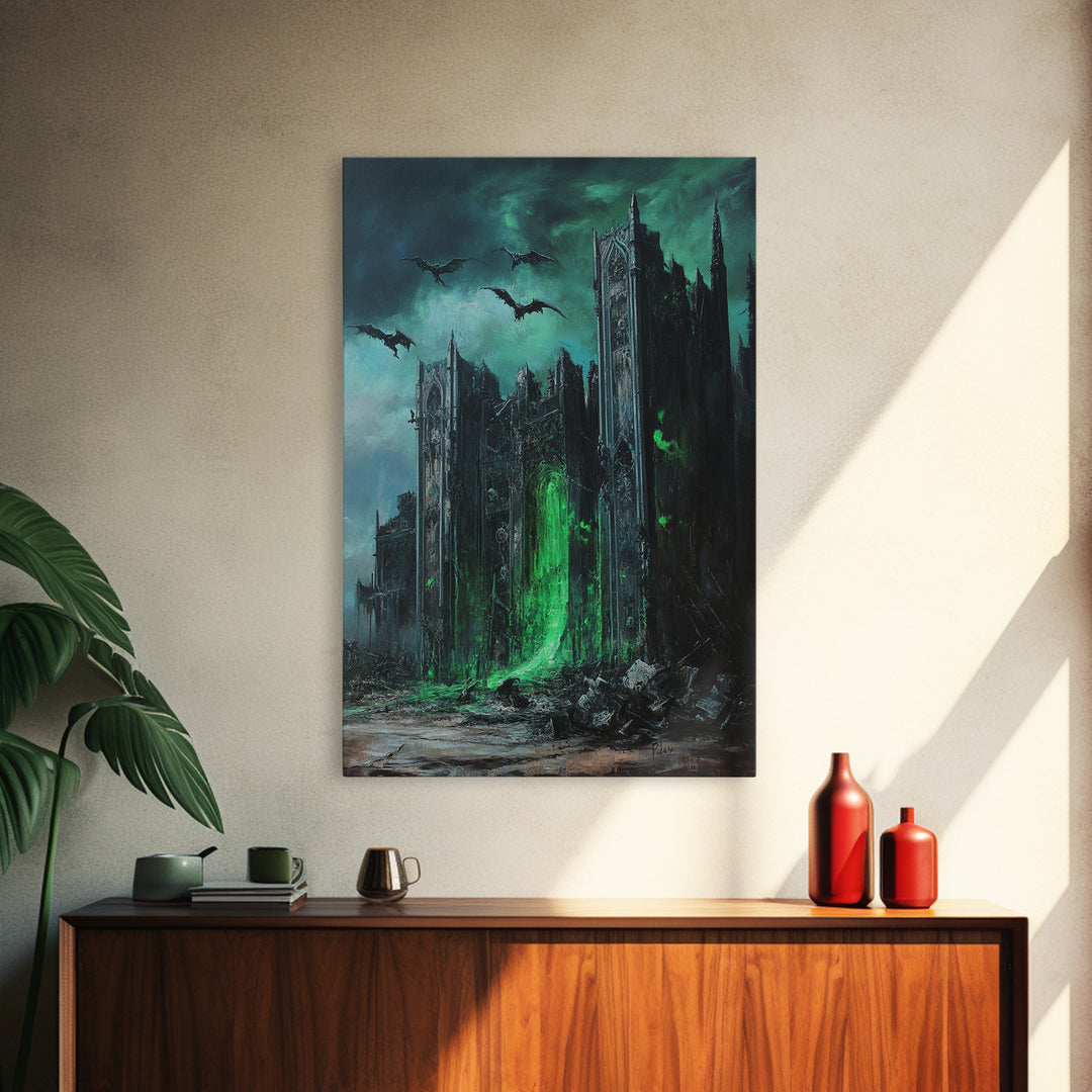 Green Portal Gothic Cathedral Wall Art, Dark Fantasy Ruins Print, Dragon Raven Decor, Moody Gothic Home Decor Gift For Him