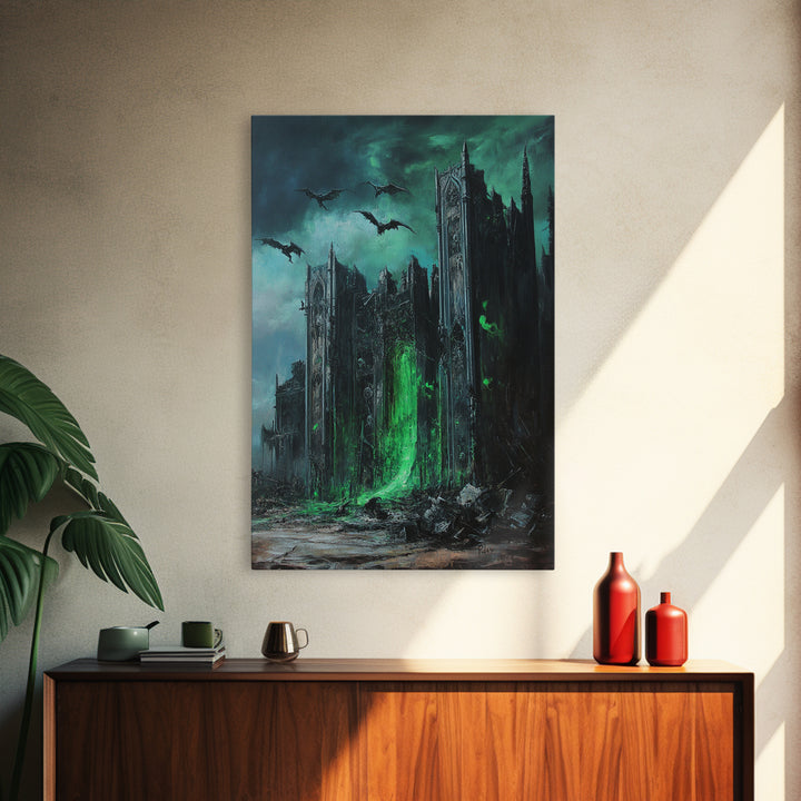 Green Portal Gothic Cathedral Wall Art, Dark Fantasy Ruins Print, Dragon Raven Decor, Moody Gothic Home Decor Gift For Him
