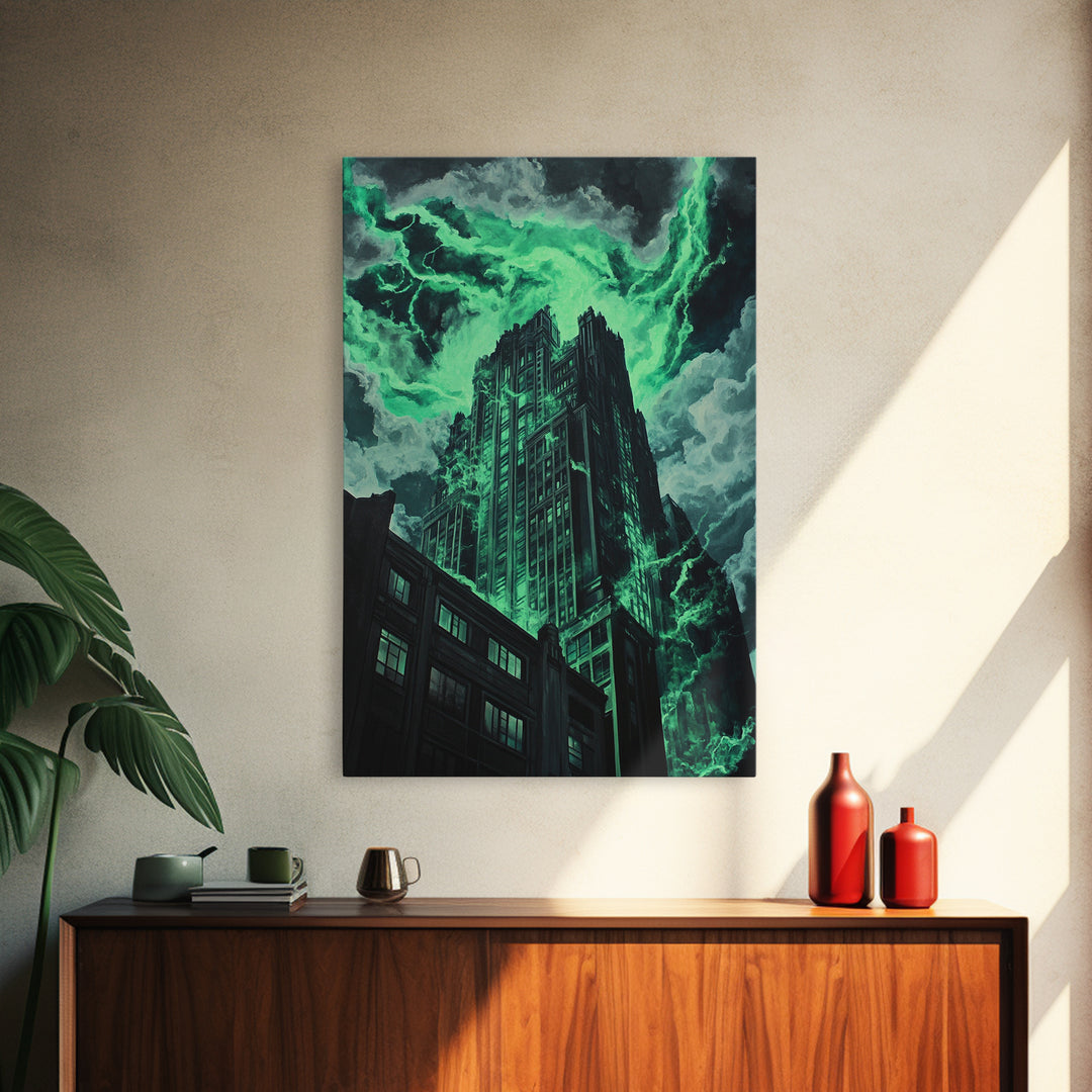 Emerald Storm Skyscraper Wall Art, Dark Urban Fantasy Print, Gothic City Lightning Decor, Moody Office Wall Decor, Home Decor Gift