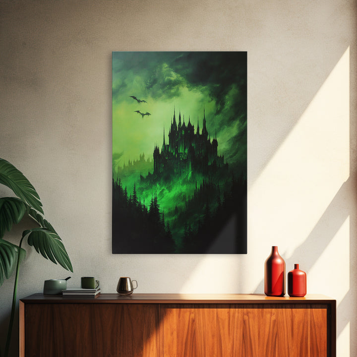 Haunted Green Forest Castle Wall Art, Dark Fantasy Gothic Print, Moody Spooky Decor, Witchy Home Decor, Gothic Wall Decor Gift