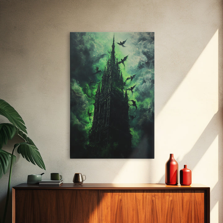 Shadowed Gothic Tower Wall Art, Green Storm Dragon Print, Dark Fantasy Castle Decor, Moody Gothic Home Decor Gift For Him