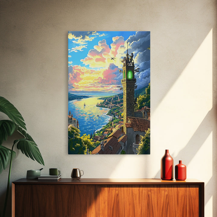 Glowing Coastal Tower At Sunset Canvas Print, Fantasy Seascape Wall Art, Mediterranean Landscape, Living Room Decor, Housewarming Gift