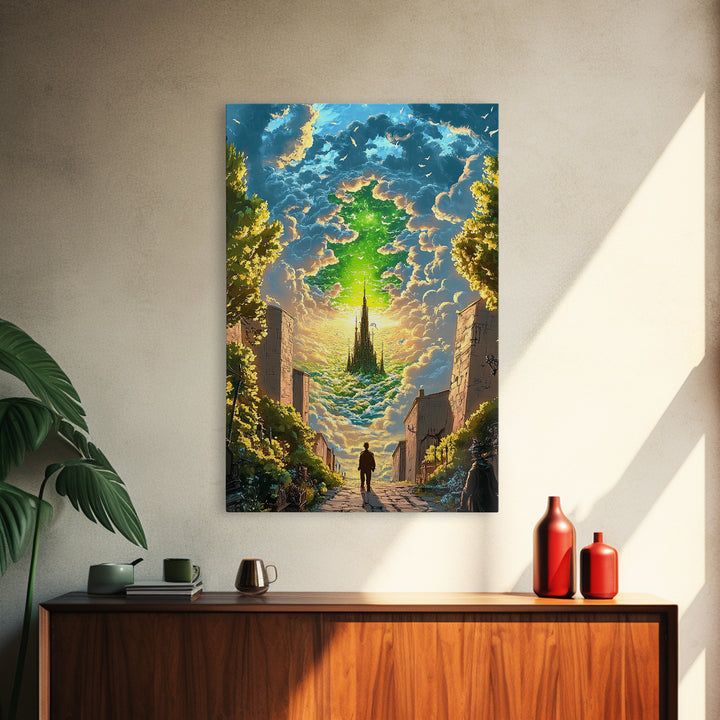 Emerald Sky Castle Above City Street Canvas Print, Surreal Fantasy Wall Art, Mystical Cloudscape, Home Office Decor, Unique Gift