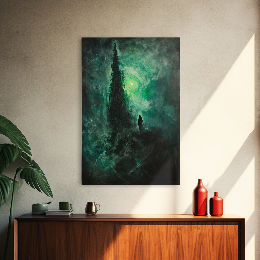 Dark Emerald Spire And Lone Wanderer Wall Art, Gothic Fantasy Canvas Print, Moody Surreal Landscape, Dark Academia Decor
