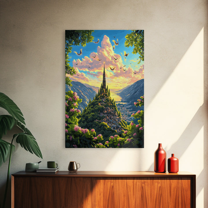 Sunlit Mountain Village With Flying Dragons Canvas Print, Fantasy Landscape Wall Art, Whimsical Home Decor, Gift For Her
