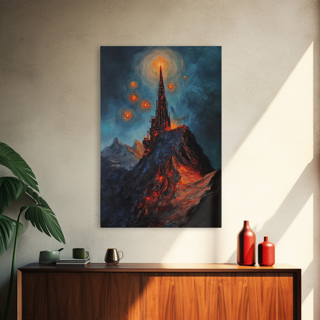 Fiery Dark Mountain Citadel With Red Orbs Canvas Print, Gothic Fantasy Wall Art, Lava Landscape, Moody Office Decor, Gift For Him