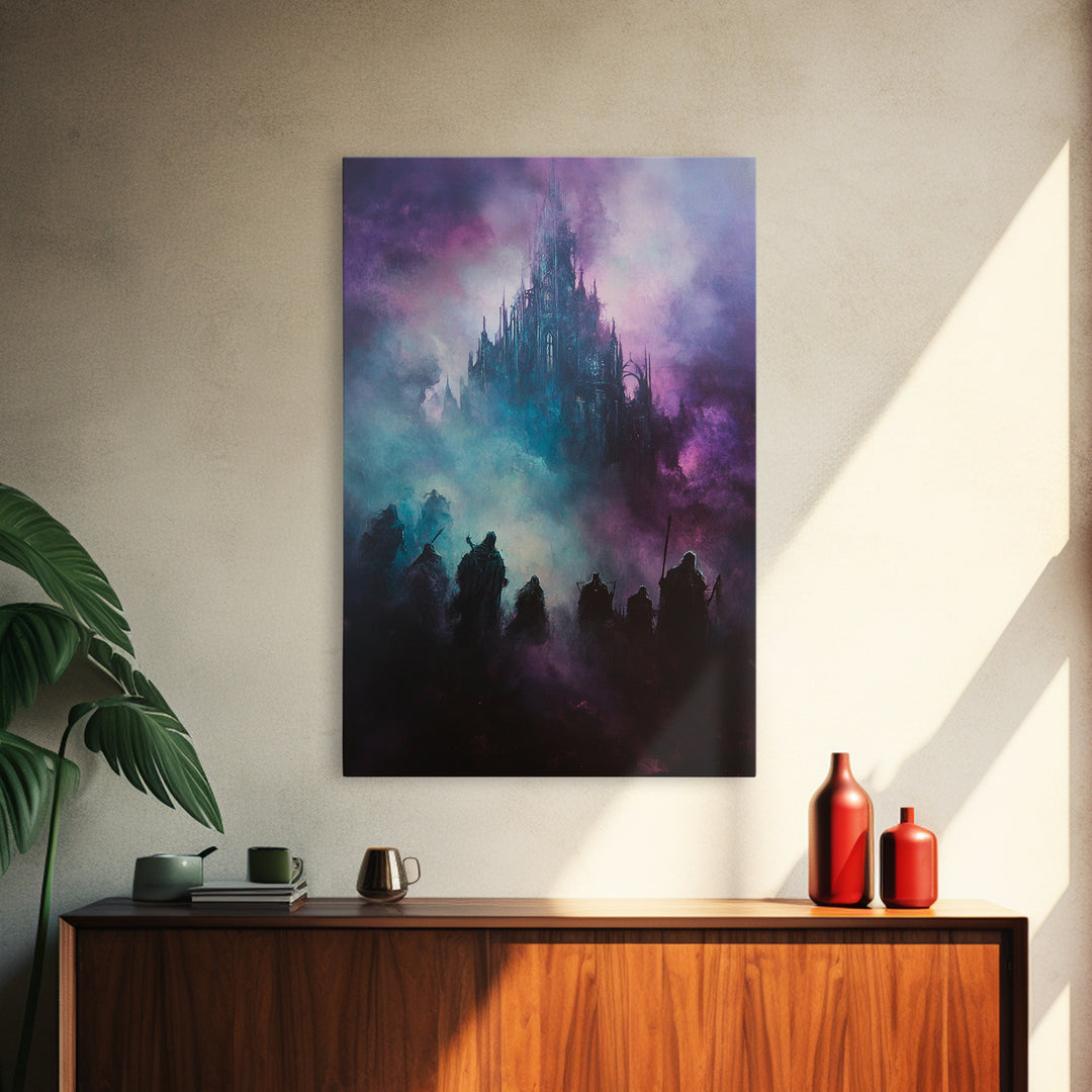 Purple Mist Fortress And Shadow Riders Framed Canvas Print, Dark Fantasy Wall Art, Gothic Castle Decor, Statement Artwork