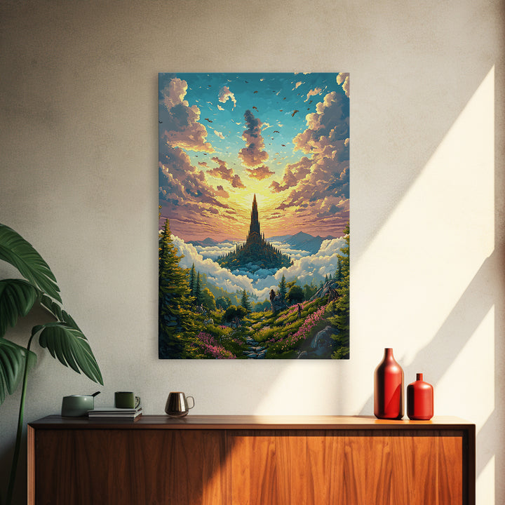 Golden Cloud Kingdom Spire At Sunrise Canvas Print, Fantasy Landscape Wall Art, Colorful Nature Art, Living Room Decor, Housewarming Gift