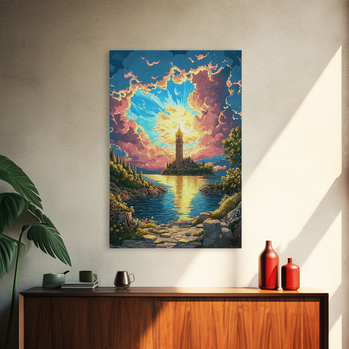 Radiant Island Lighthouse Under Pink Clouds Canvas Print, Fantasy Lake Landscape Wall Art, Coastal Home Decor, Gift For Her