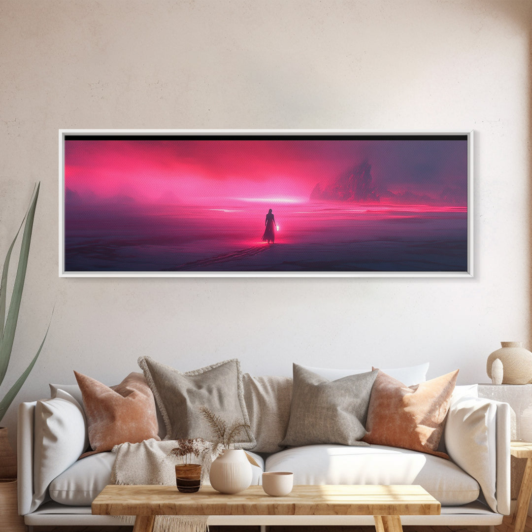 Lone Traveler In Magenta Alien Fog Wall Art, Sci Fi Landscape Canvas, Futuristic Decor, Neon Pink Living Room Art Print Gift