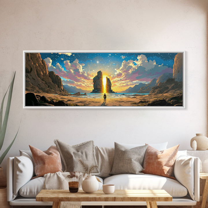 Golden Canyon Monolith At Sunrise Canvas Print, Epic Fantasy Landscape Wall Art, Modern Home Decor For Living Room Housewarming Gift