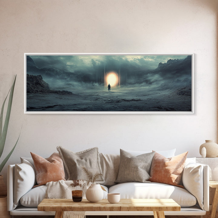 Misty Portal In Dark Mountains Wall Art, Moody Sci Fi Landscape Canvas Print, Atmospheric Office Decor And Modern Wall Decor