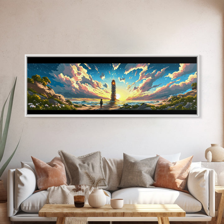 Colorful Beacon Tower By Ocean Sunset Canvas Print, Sci Fi Coastal Landscape Wall Art, Vibrant Living Room Wall Decor Gift