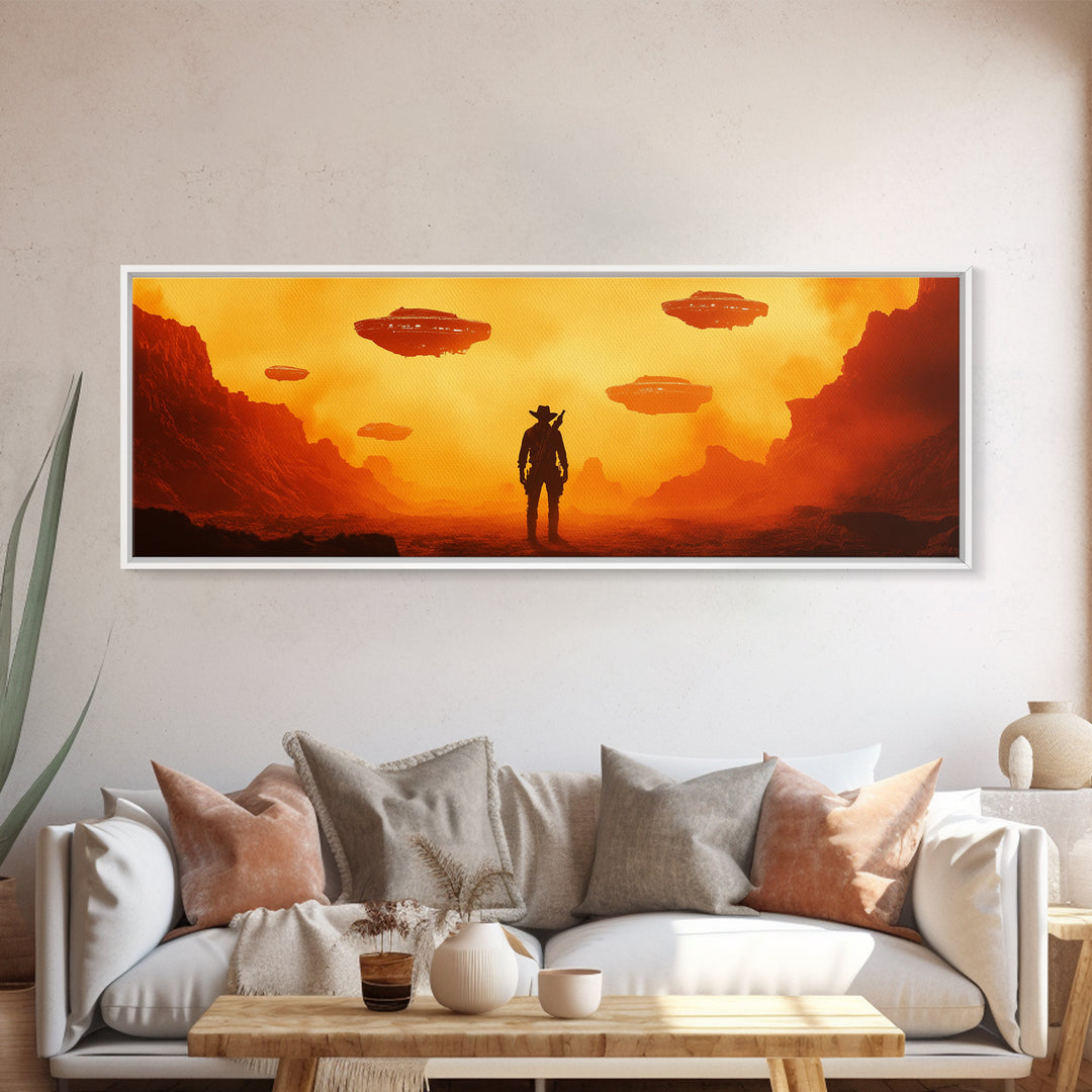 Orange Alien Canyon With UFOs And Cowboy Wall Art, Retro Sci Fi Western Canvas Print, Desert Landscape Decor Gift For Him
