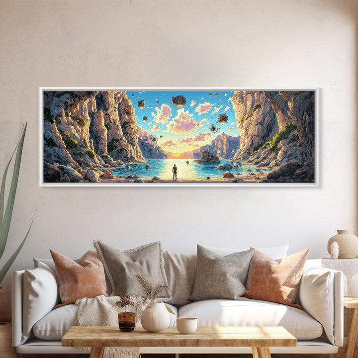 Alien Canyon Lagoon Canvas Print, Floating Rocks Fantasy Landscape, Panoramic Sci Fi Wall Decor, Large Modern Living Room Art