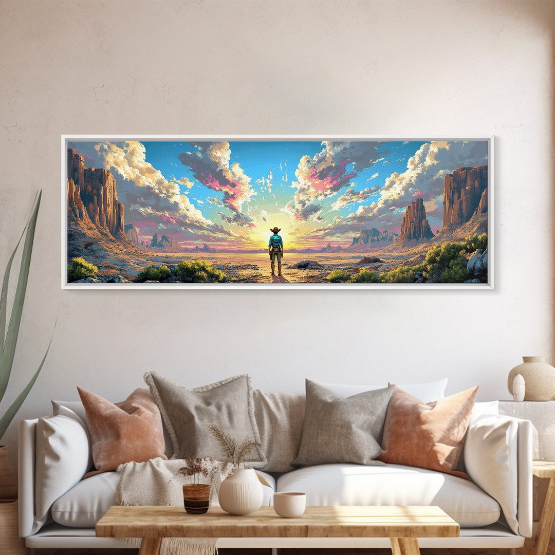 Cowboy Desert Mesa Wall Art, Vast Western Sunrise Landscape, Panoramic Canvas Print, Rustic Home Decor For Living Room Art