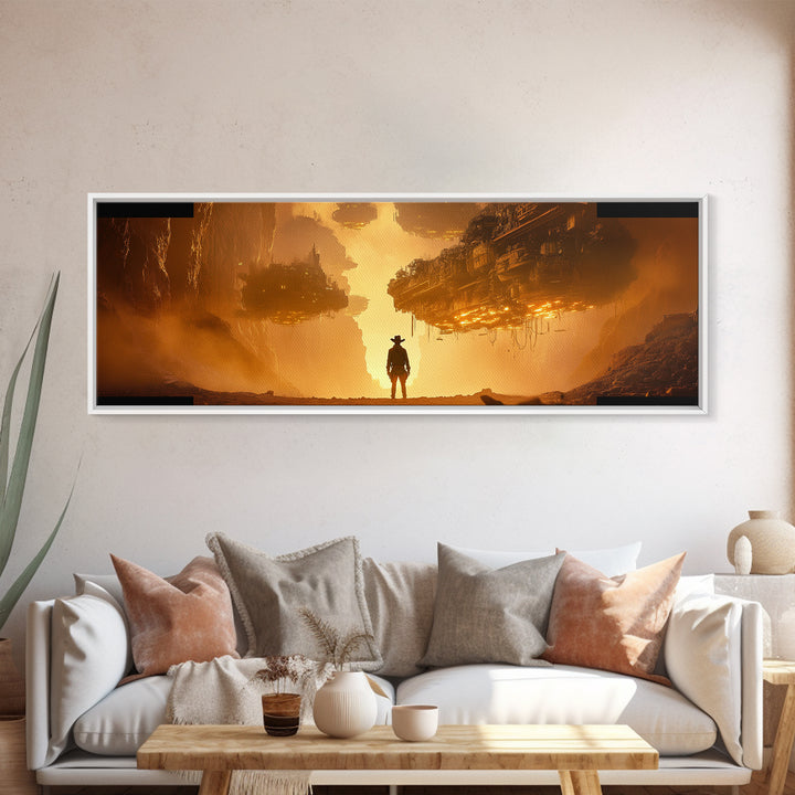 Golden Dystopian Airship Canyon Wall Art, Sci Fi Cowboy Landscape, Orange Futuristic Cinematic Canvas Print, Man Cave Decor