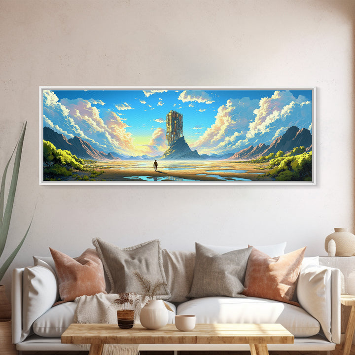 Mountain Valley Monolith Canvas Print, Bright Sci Fi Landscape, Panoramic Wall Art, Modern Nature Decor For Living Room Art
