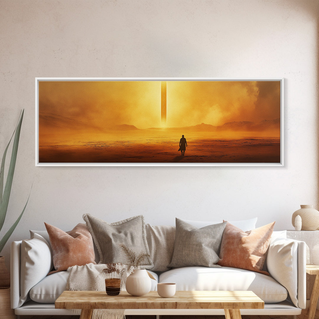 Golden Desert Monolith Wall Art, Cinematic Sci Fi Landscape, Minimalist Canvas Print, Warm Earth Tone Living Room Decor Art