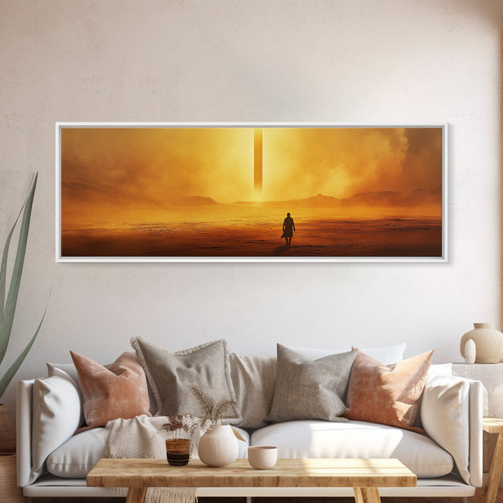 Golden Desert Monolith Wall Art, Cinematic Sci Fi Landscape, Minimalist Canvas Print, Warm Earth Tone Living Room Decor Art