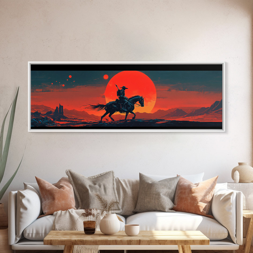Lone Cowboy At Red Desert Sunset Wall Art, Western Landscape Canvas, Southwestern Decor, Large Horizontal Art Print, Ranch Home Decor