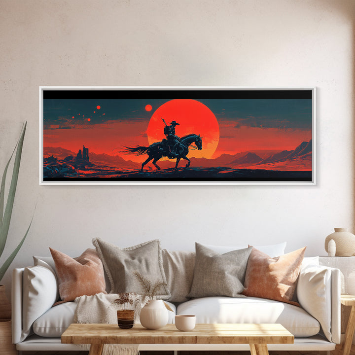 Lone Cowboy At Red Desert Sunset Wall Art, Western Landscape Canvas, Southwestern Decor, Large Horizontal Art Print, Ranch Home Decor