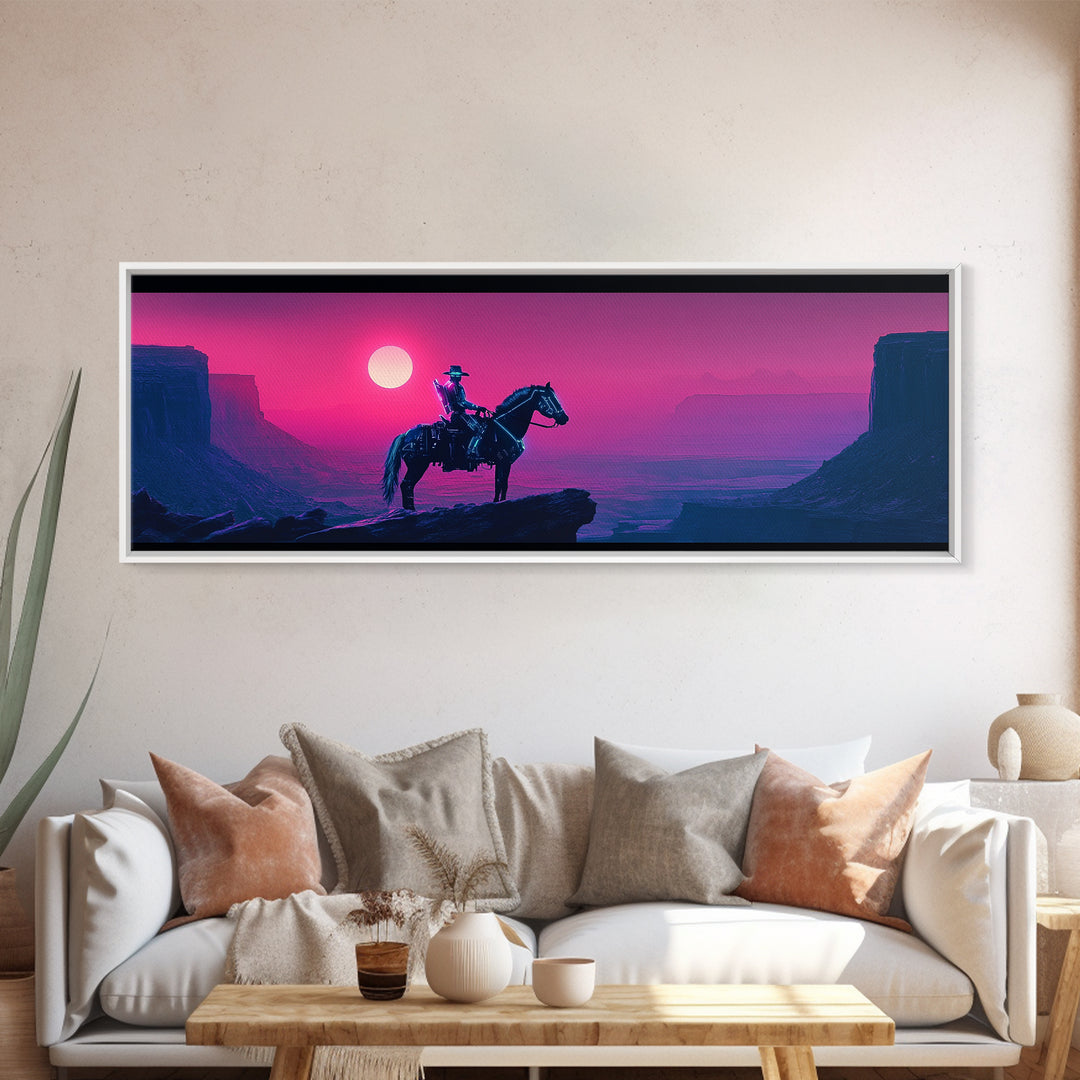 Cowboy On Pink Canyon Cliff Canvas Print, Western Wall Decor, Southwestern Landscape Art, Large Panoramic Wall Art, Home Decor