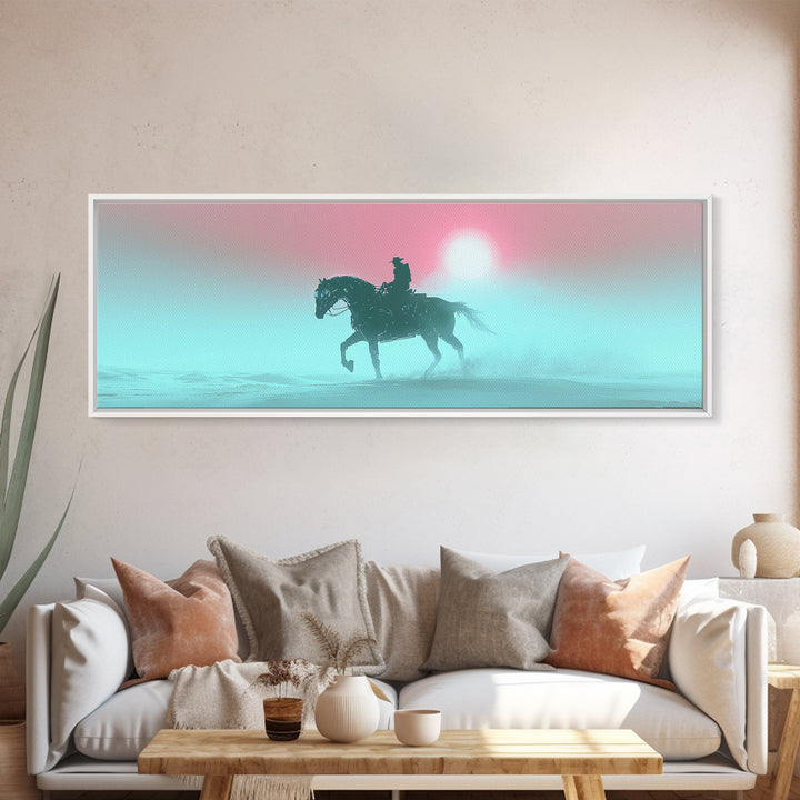 Misty Cowboy Riding Through Pastel Fog Wall Art, Western Horse Canvas Print, Serene Landscape Decor, Calming Bedroom Art