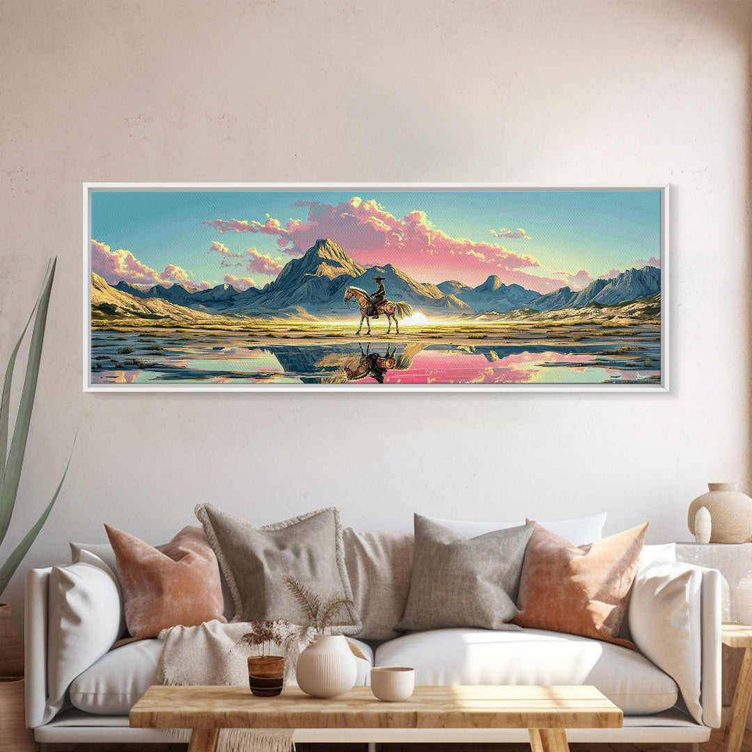 Cowboy And Horse Reflected In Alpine Lake Canvas Print, Western Mountain Wall Art, Pastel Sunset Decor, Large Panoramic Art