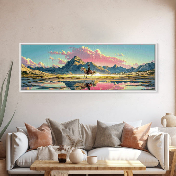 Cowboy And Horse Reflected In Alpine Lake Canvas Print, Western Mountain Wall Art, Pastel Sunset Decor, Large Panoramic Art