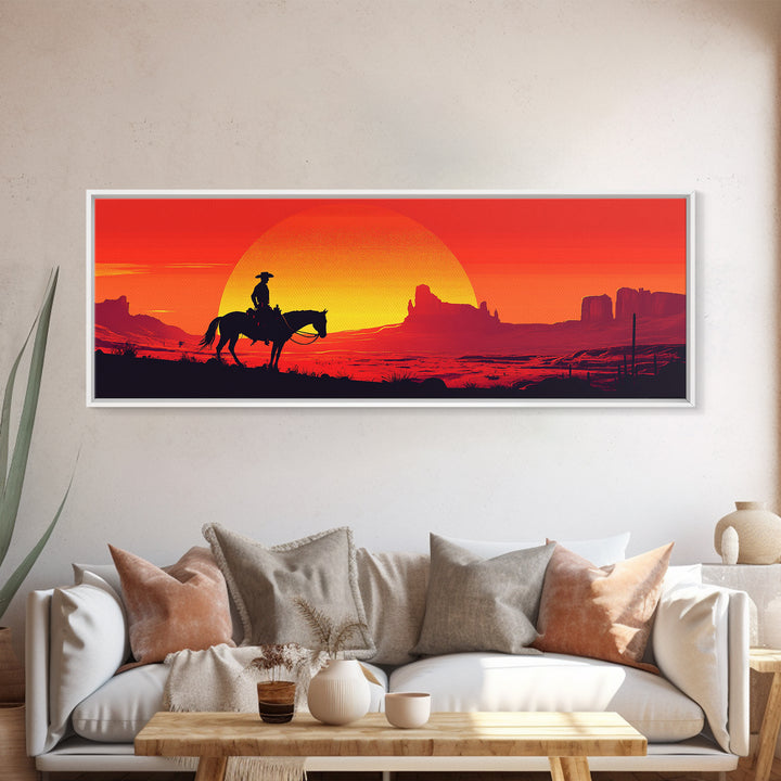 Silhouette Cowboy Crossing Orange Desert Sunset Wall Art, Southwestern Decor, Western Canvas Print, Extra Wide Horizontal Art