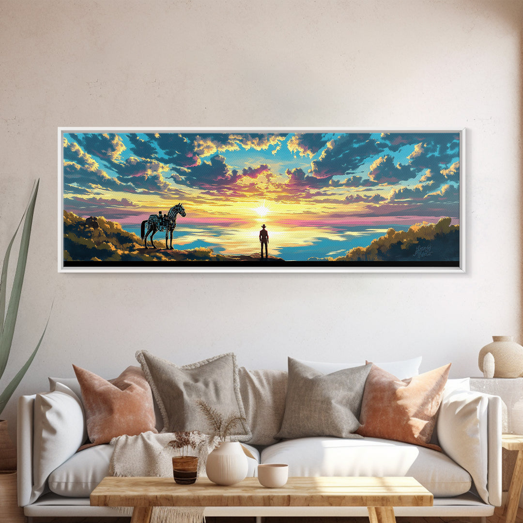 Cowboy And Horse Over Golden Sea Sunrise Framed Canvas Print, Western Landscape Wall Art, Inspirational Home Decor, Above Sofa Art