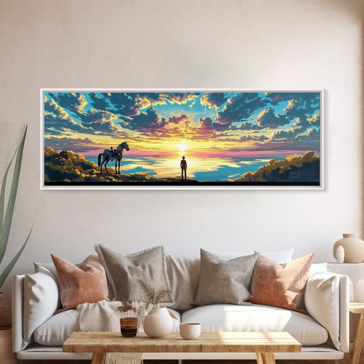 Cowboy And Horse Over Golden Sea Sunrise Framed Canvas Print, Western Landscape Wall Art, Inspirational Home Decor, Above Sofa Art