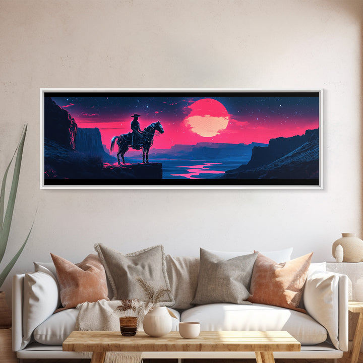 Neon Cowboy Above Moonlit Canyon River Canvas Print, Western Sci Fi Wall Art, Vaporwave Decor, Large Horizontal Print, Home Decor