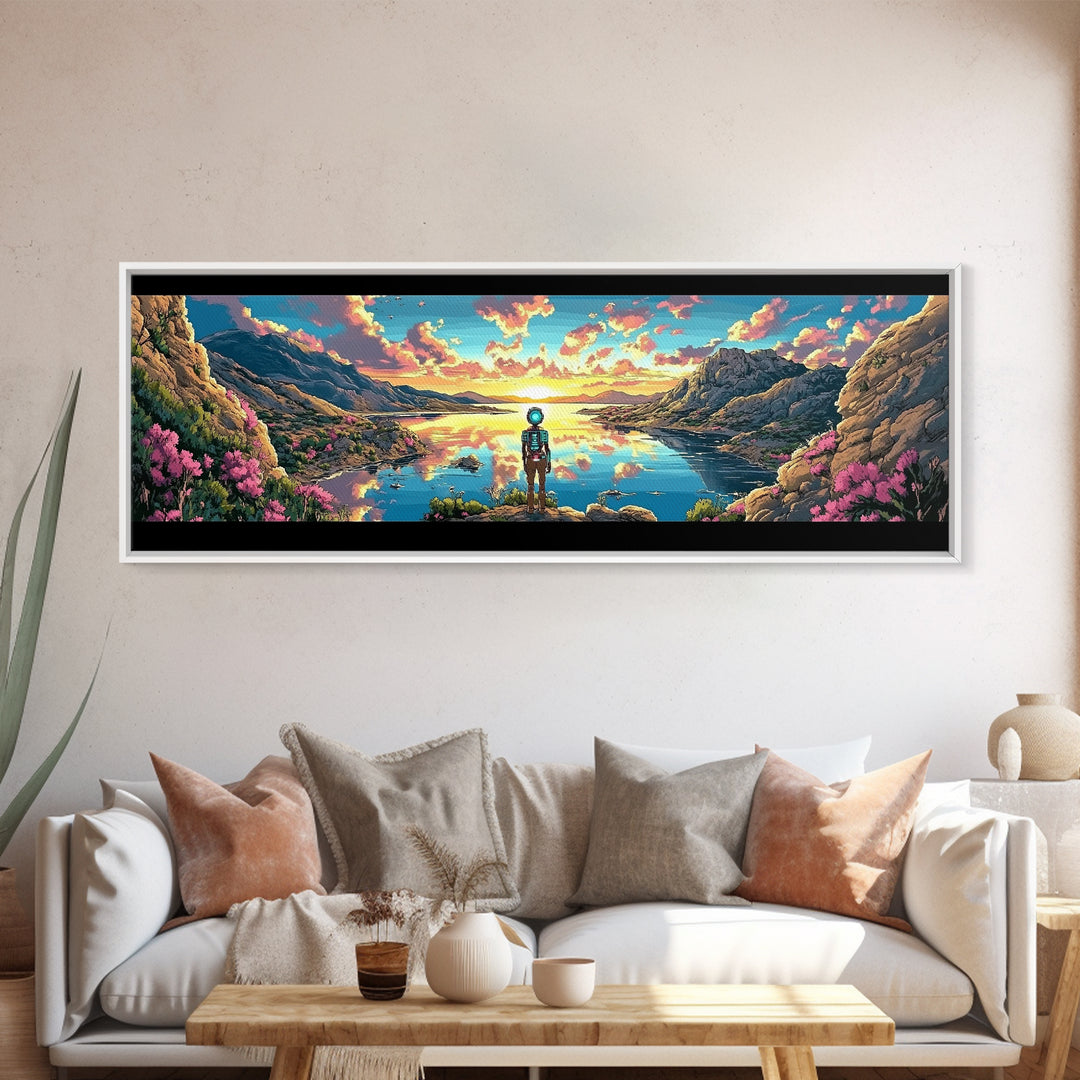 Astronaut Over Flowered Mountain Lake Valley Wall Art, Sci Fi Landscape Canvas Print, Colorful Nature Decor, Gaming Room Art