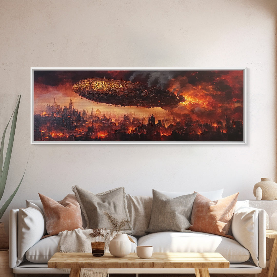 Steampunk Airship Over Burning Futuristic City Wall Art, Dystopian Sci Fi Canvas Print, Dark Industrial Office Decor, Man Cave Art